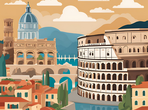 Illustration des Kolosseums mit einer mediterranen Landschaft und Bergen im Hintergrund, symbolisch für Italien.