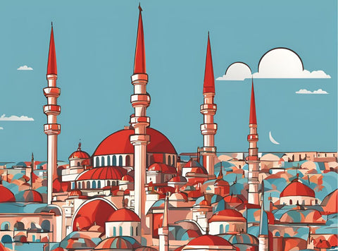 Illustration einer Landschaft mit blauem Himmel und den Türmen einer Moschee, symbolisch für die Türkei.