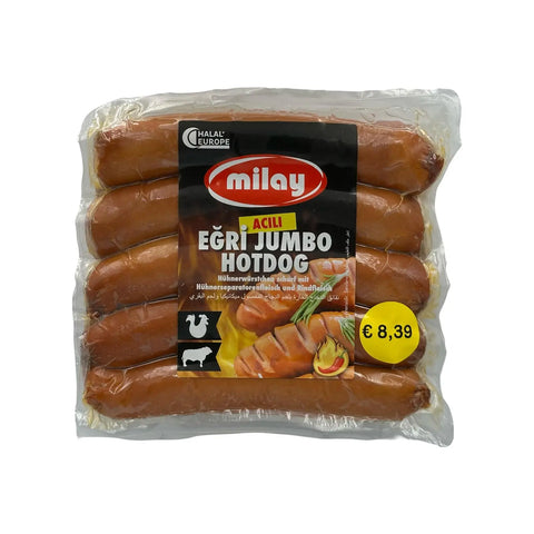 Milay Scharfe Gekrümmte Jumbo Hühnerwürstchen mit Hühnerseparatorenfleisch und Rindfleisch - 1kg Milay