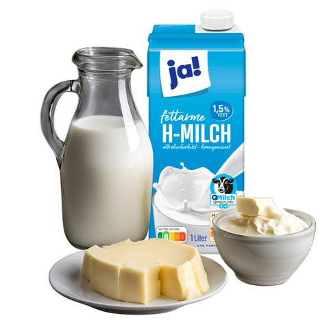 Vorschaubild mit Milchprodukten wie Butter, Sahne und Trinkmilch.