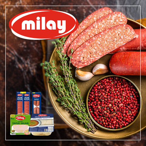 Vorschaubild zur Marke Milay mit angerichteter Sucuk und Gewürzen auf goldenem Teller, dazu Produktfotos von Sucuk-Varianten, Tavuk Salam und Taze Kadayif – oben links das Milay-Logo.