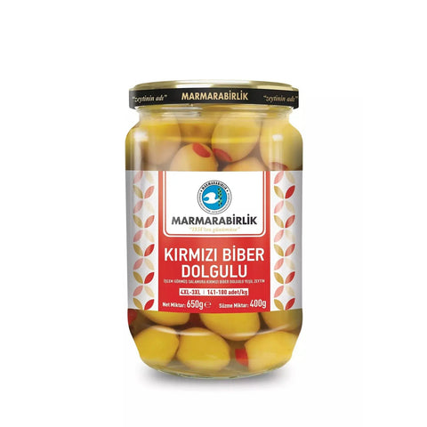 Marmarabirlik Kirmizi Biber Dolgulu Yesil Zeytin Grüne Oliven gefüllt mit Paprika - 650g Marmarabirlik