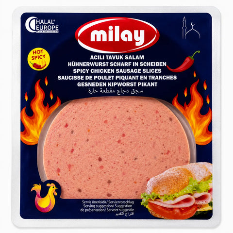 Milay Dilimli Acili Tavuk Salam - Pikanter Wurstaufschnitt aus Hühnerseparatorenfleisch – 150g Milay