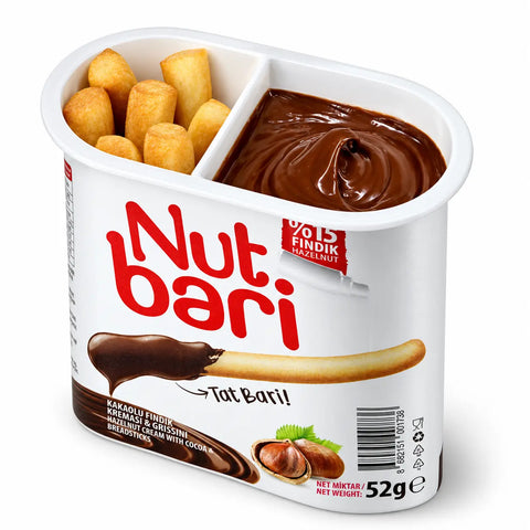 Nutbari – Kakao-Haselnusscreme mit Gebäcksticks – 52g Nut Bari