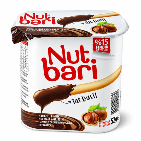 Nutbari – Kakao-Haselnusscreme mit Gebäcksticks – 52g Nut Bari
